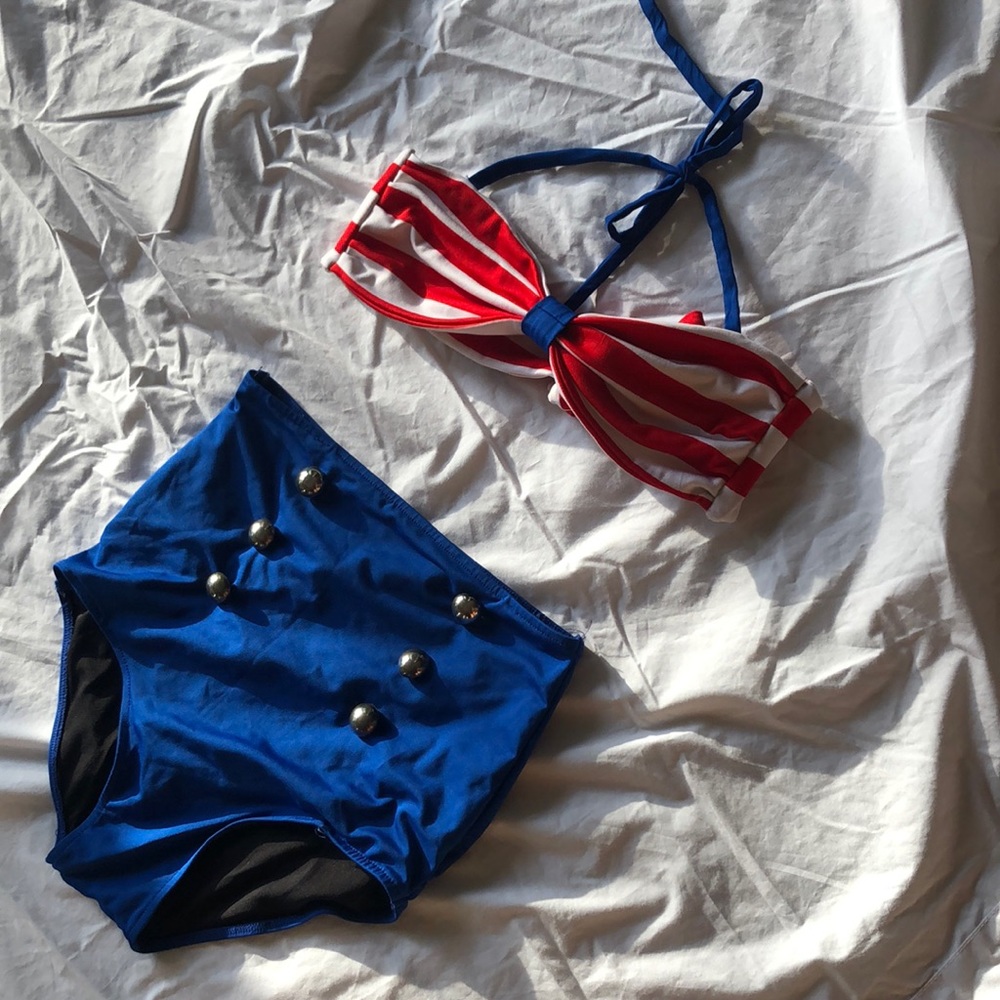 Red and blue two pieces bathing suit